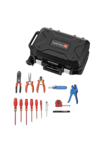 Fekom rolling electricians kit with various screwdrivers, pliers, and tools in a black case, ideal for electrical work and maintenance.