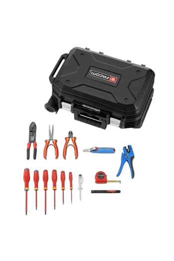 Fekom rolling electricians kit with various screwdrivers, pliers, and tools in a black case, ideal for electrical work and maintenance.