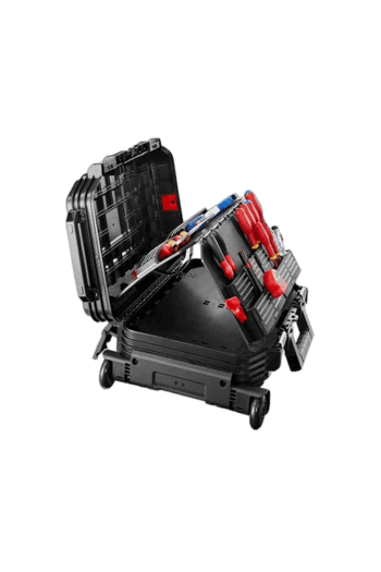 Professional toolkit with screwdrivers, pliers, and a wrench in a black carrying case, suitable for automotive or racewear maintenance.