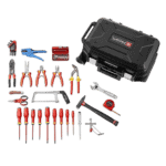 Complete 56-piece electrical toolkit with case, pliers, screwdrivers, and accessories for professional electrical work.