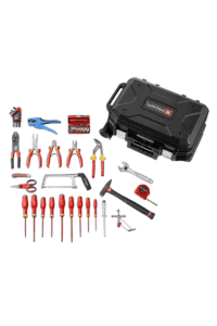 Complete 56-piece electrical toolkit with case, pliers, screwdrivers, and accessories for professional electrical work.