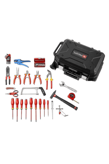 Complete 56-piece electrical toolkit with case, pliers, screwdrivers, and accessories for professional electrical work.