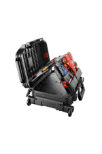 Black toolbox with red and yellow tools, including screwdrivers and pliers, open on a white background.