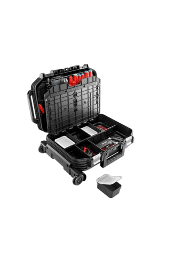 Professional toolkit with various tools and accessories in a black carrying case, ideal for racewear and motorsport equipment maintenance.