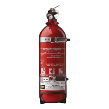 Red fire extinguisher with safety instructions and gauge, used for racewear safety at Grand Prix events.