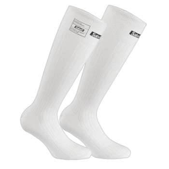 Pair of white racing socks from Grand Prix Racewear with black logo, designed for motorsport enthusiasts and racers.