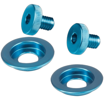 Blue anodised racing hardware including two screws and washers, designed for Grand Prix racewear and motorsport applications.