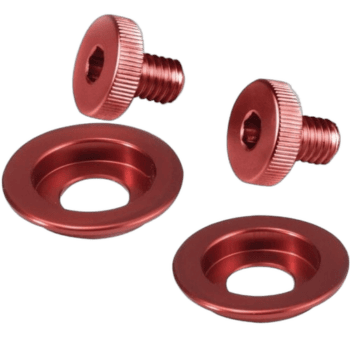 Red anodised screw kit with washers for Grand Prix racewear, suitable for helmet visor and sun screen replacement.