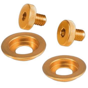 Gold-colored racing hardware components including screws and washers for Grand Prix racewear.