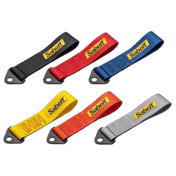 Set of six colourful Sabert racing harnesses in black, red, blue, yellow, orange, and grey for motorsport safety gear.