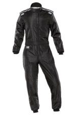 Black Grand Prix Racewear racing suit with protective padding and branding, designed for motorsport safety and performance.