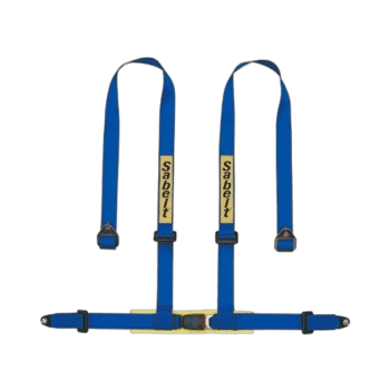 Blue Sabelt racing harness with beige labels for Grand Prix racewear safety equipment.