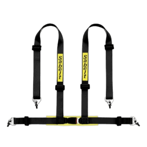 Grand Prix Racewear Sabelt racing harness with black straps and yellow branding for motorsport safety.