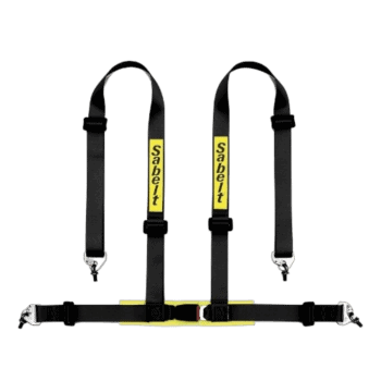 Grand Prix Racewear Sabelt racing harness with black straps and yellow branding for motorsport safety.