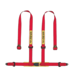 Red Sabelt racing harness with yellow branding for Grand Prix Racewear, designed for motorsport safety and performance.