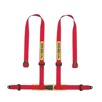 Red Sabelt racing harness with yellow branding for Grand Prix Racewear, designed for motorsport safety and performance.