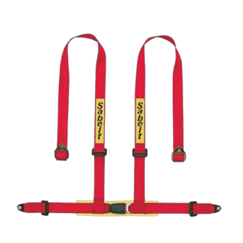 Red Sabelt racing harness with yellow branding for Grand Prix Racewear, designed for motorsport safety and performance.