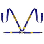 Grand Prix Racewear safety harness with blue straps, yellow accents, and adjustable buckles for motorsport safety.