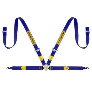 Grand Prix Racewear safety harness with blue straps, yellow accents, and adjustable buckles for motorsport safety.