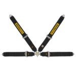 Grand Prix Racewear racing harness with black straps and yellow branding, designed for motorsport safety and performance.