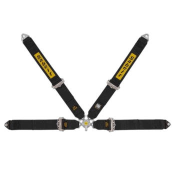 Grand Prix Racewear racing harness with black straps and yellow branding, designed for motorsport safety and performance.