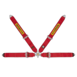 Red Grand Prix Racewear harness with yellow and black branding, designed for motorsport safety and performance.