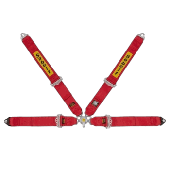 Red Grand Prix Racewear harness with yellow and black branding, designed for motorsport safety and performance.