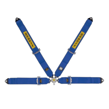 Grand Prix Racewear blue racing harness with yellow 'Sabelt' logo for motorsport safety.