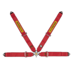 Red Grand Prix racing harness with yellow 'Sabelt' branding, adjustable straps, and metal buckles for safety in motorsport vehicles.