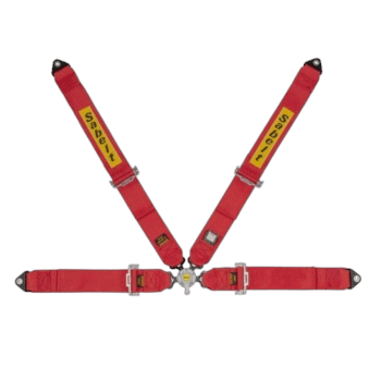 Red Grand Prix racing harness with yellow 'Sabelt' branding, adjustable straps, and metal buckles for safety in motorsport vehicles.