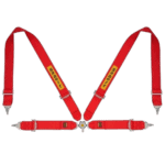 Red racing harness with yellow Sabvet branding, designed for motorsport safety and security.