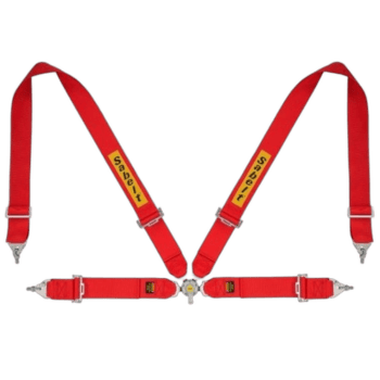Red racing harness with yellow Sabvet branding, designed for motorsport safety and security.