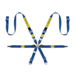 Grand Prix Racewear safety harness in blue and yellow with adjustable straps for motorsport safety.