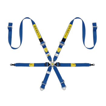 Grand Prix Racewear safety harness in blue and yellow with adjustable straps for motorsport safety.