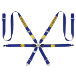 Grand Prix Racewear safety harness in blue and yellow with 'Savet' branding, designed for motorsport safety and security.