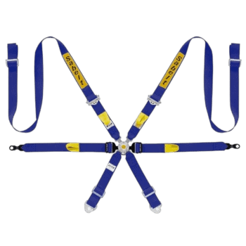 Grand Prix Racewear safety harness in blue and yellow with 'Savet' branding, designed for motorsport safety and security.