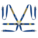 Sabelt racing harness with blue straps and yellow branding, designed for endurance FIA racing events.