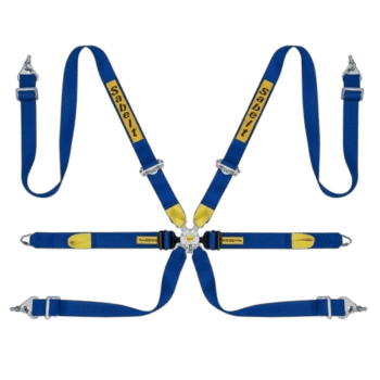 Sabelt racing harness with blue straps and yellow branding, designed for endurance FIA racing events.