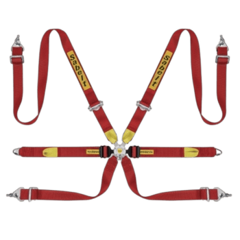 Grand Prix Racewear safety harness with red and yellow straps, used for motorsport safety and driver protection.