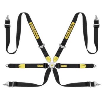 Grand Prix Racewear safety harness with black and yellow straps, designed for motorsport safety and driver protection.