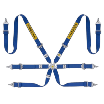 Grand Prix Racewear safety harness with blue straps and yellow 'Sabelt' branding, designed for motorsport safety and security.
