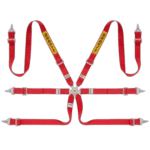 Sabelt racing harness with red straps and yellow Sabelt logo, designed for motorsport safety and security.