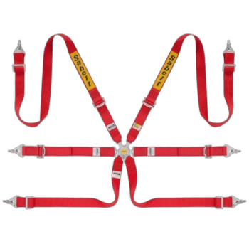 Sabelt racing harness with red straps and yellow Sabelt logo, designed for motorsport safety and security.
