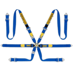 Blue and yellow Sabelt racing harness with metal buckles, used for motorsport safety and driver security.