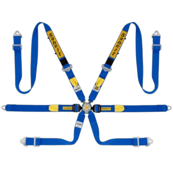 Blue and yellow Sabelt racing harness with metal buckles, used for motorsport safety and driver security.