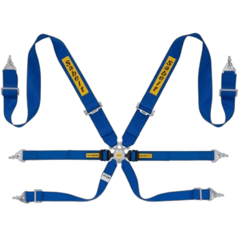 Blue safety harness with yellow 'Sabelt' branding, designed for motorsport safety and racewear.