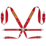 Grand Prix Racewear safety harness in red with yellow 'Sabelt' branding, designed for motorsport safety and driver protection.