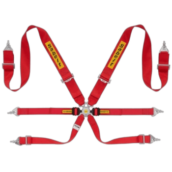 Grand Prix Racewear safety harness in red with yellow 'Sabelt' branding, designed for motorsport safety and driver protection.