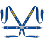 Blue safety harness with yellow 'Safety' labels, designed for motorsport racing, featuring adjustable straps and metal buckles.
