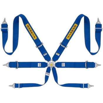 Blue safety harness with yellow 'Safety' labels, designed for motorsport racing, featuring adjustable straps and metal buckles.